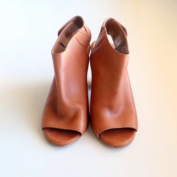 Matisse Tan Leather Peep-Toe Stacked Block Heel Bootie Shoes Size 7 - Picture 5 of 16